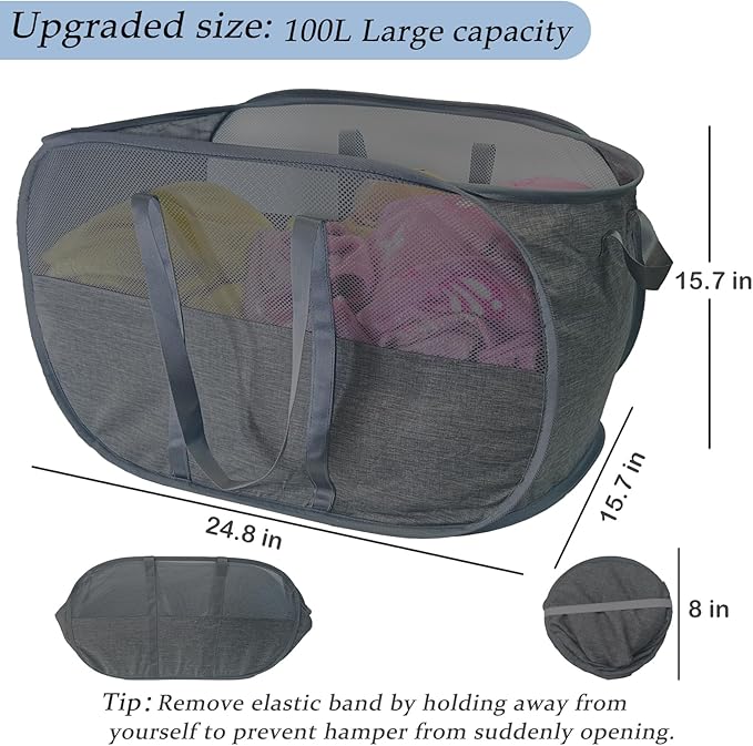 Upgraded 100L Collapsible Laundry Basket, Extra Large Mesh Pop Up Laundry Hamper - Image 2