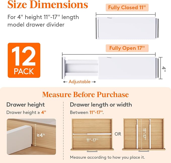 Lifewit 12 Pack Drawer Dividers 4" High, 11-17" Adjustable Dresser Drawer - Image 2