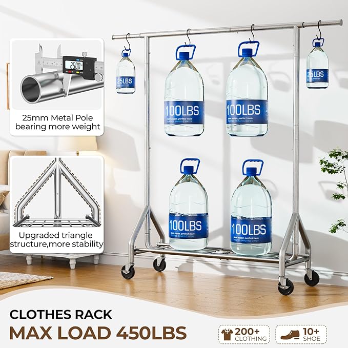 Heavy Duty Clothes Rack Load 450 LBS, Metal Garment Rack, Standing Rolling - Image 2