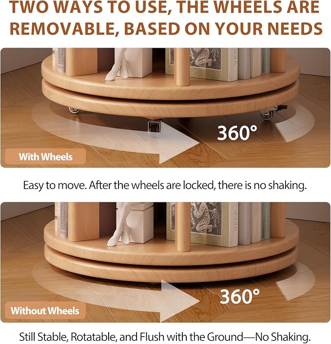 Solid Wood Rotating Bookshelf on Wheels, 6 Tier, Round Revolving Bookcase - Image 5