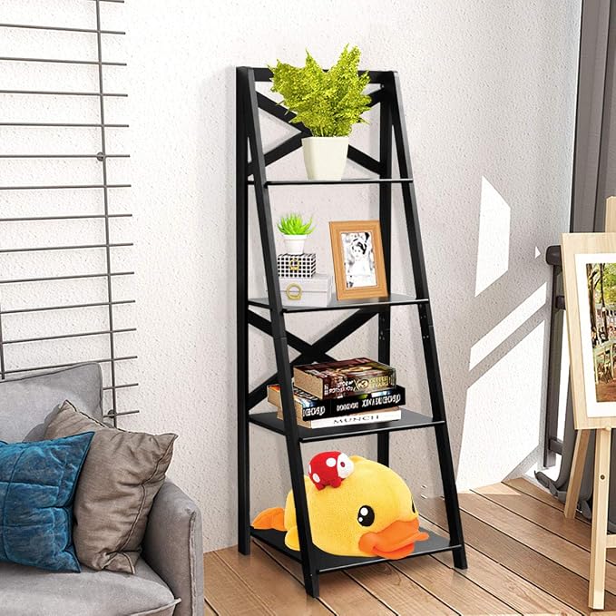 Tangkula 4-Tier Ladder Shelf Bookcase, Leaning Free Standing Wooden Frame Decor - Image 6