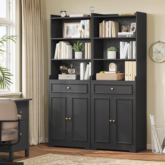 DICTAC Bookcase Set of 2 with Drawer and Doors 73.23''Tall Bookshelf with by DICTAC