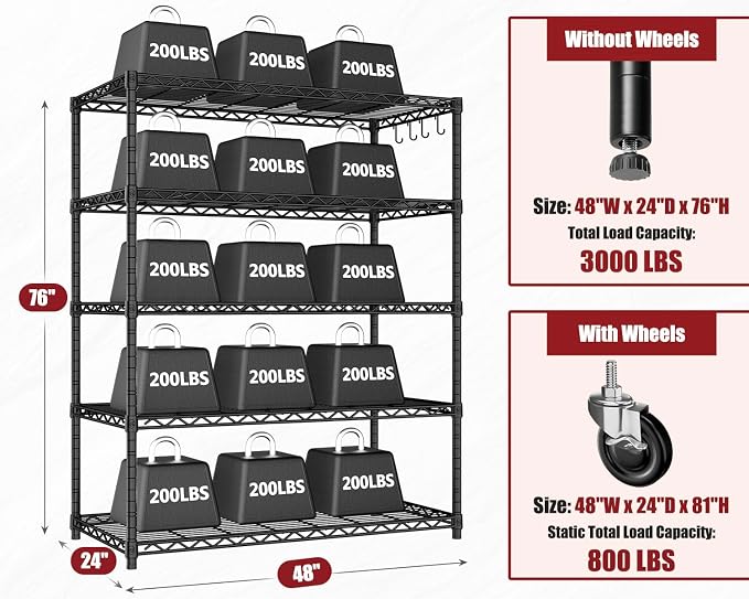PrimeZone 4 Packs 48" W x 24" D x 81" H Heavy Duty Wire Storage Shelves - Image 3