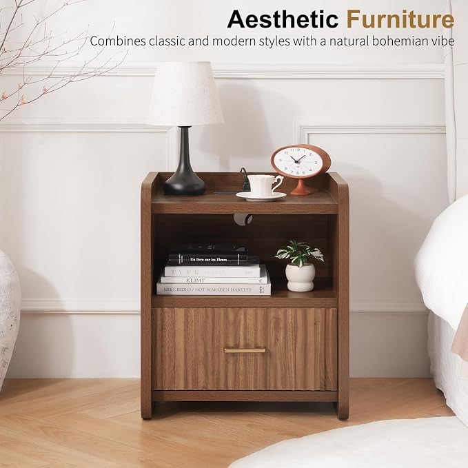 Night Stand with Charger Station, Fluted Nightstands Set of 2 with Drawer - Image 8