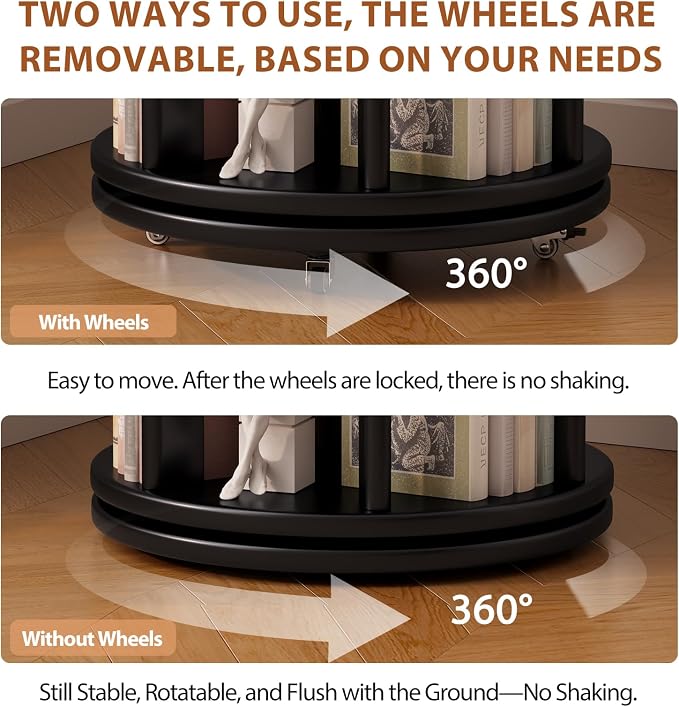 Solid Wood Rotating Bookshelf on Wheels, 6 Tier, Round Revolving Bookcase - Image 5