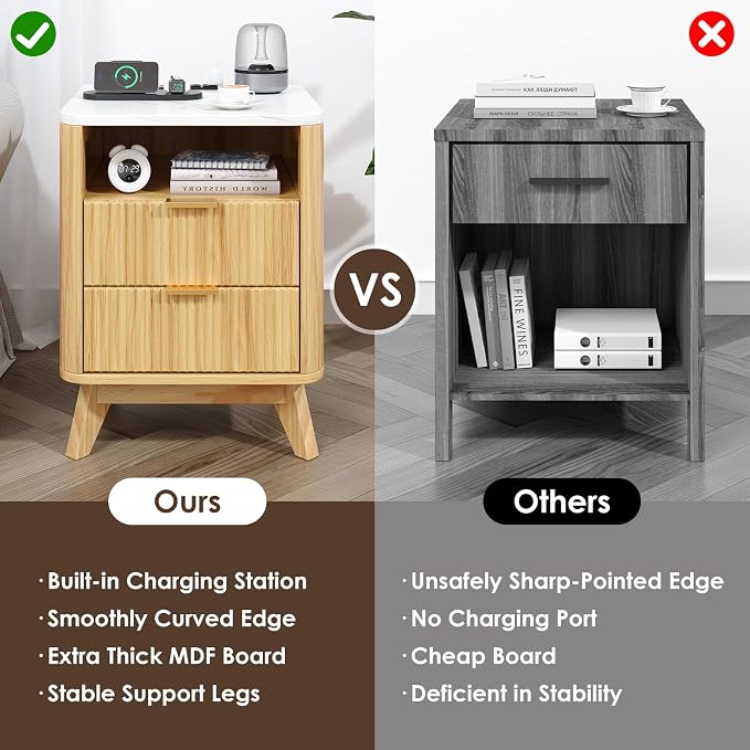 Nightstand with Charging Station, Fluted Nightstand with LED Lights, Modern - Image 6