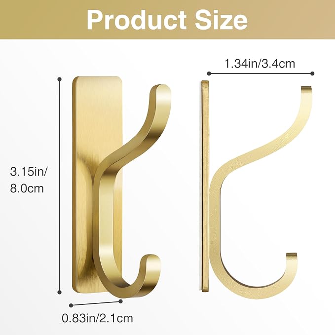 pickpiff Adhesive Wall Hooks for Hanging Towels: Brushed Gold Stainless Steel - Image 7