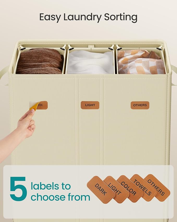 SONGMICS 47.6 Gallon Laundry Hamper, 3-Compartment Laundry Basket Sorter - Image 4
