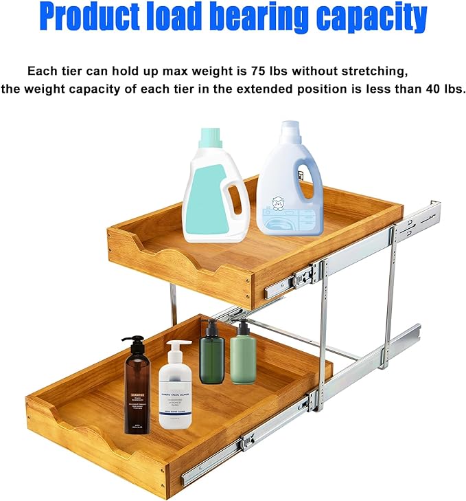 DINDON 2 Tier Pull Out Cabinet Organizer Double Tier Slide Out Wood Drawer - Image 5