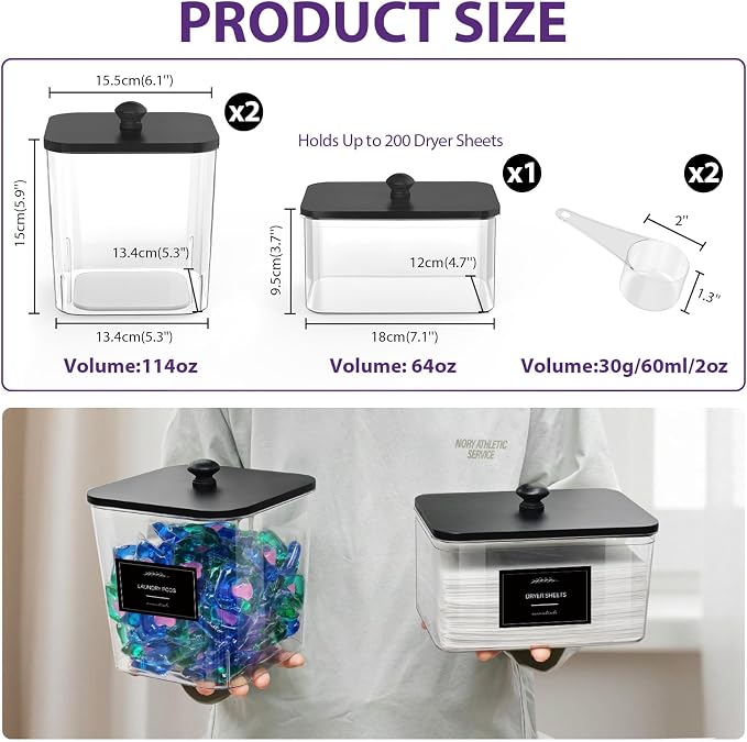 2+1 Pack Clear Laundry Pods Container & Dryer Sheet Holder, Plastic Square - Image 2