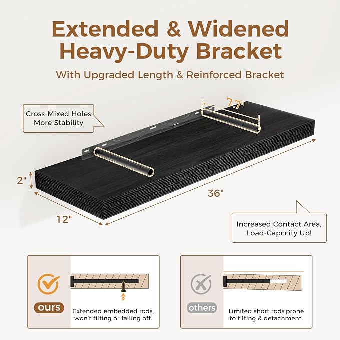 Black Floating Shelves 36 Inch Long, 12 Inch Deep Floating Shelves - Image 2