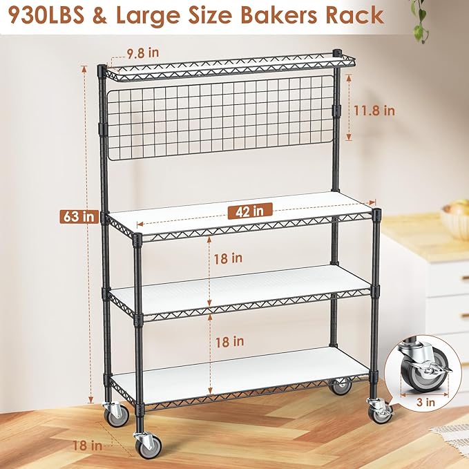 Leteuke Bakers Rack with Storage & Wheels, 42 Inch Microwave Stand Kitchen - Image 3