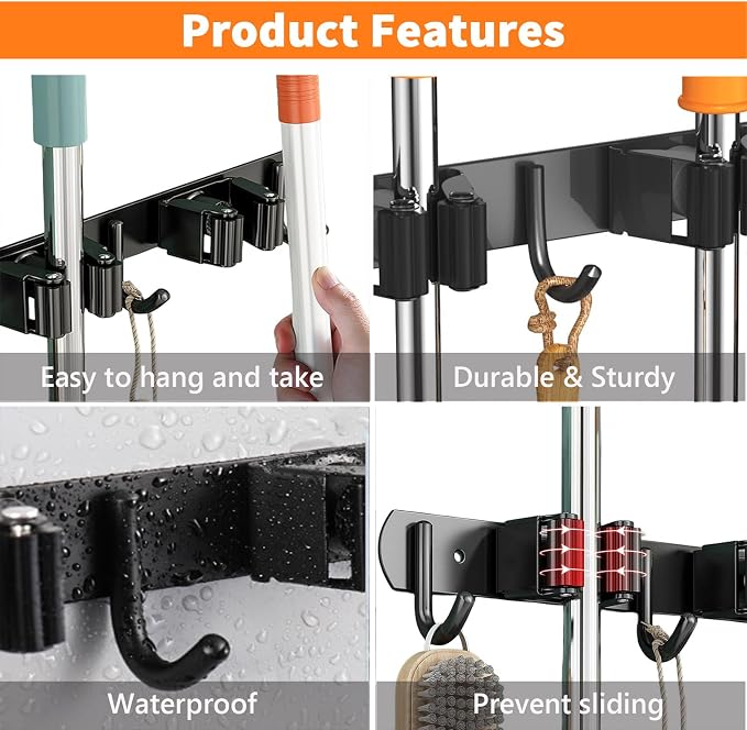Mop and Broom Holder Wall Mount, Upgraded Broom Organizer Wall Mount, Stainless - Image 3