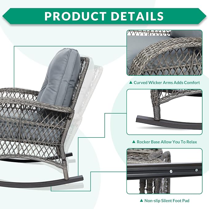VIVIJASON 2 Piece Patio Wicker Rattan Rocker Chair, Outdoor Rattan Rocker Chair - Image 3