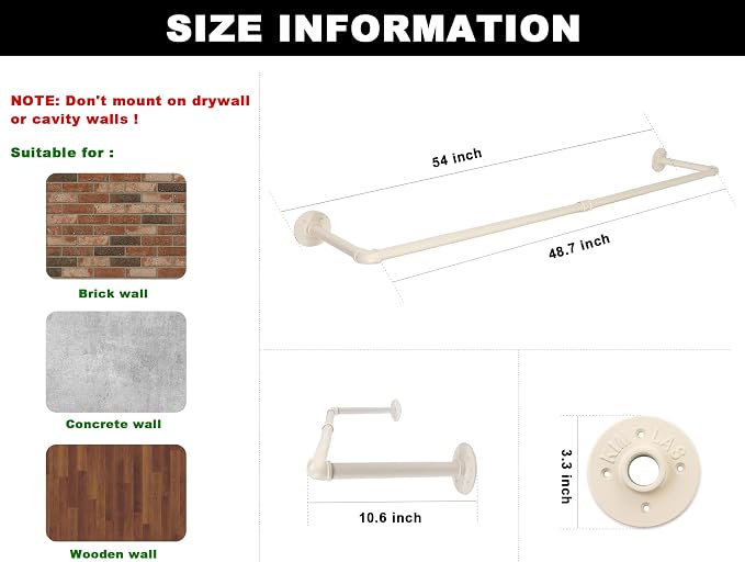 54" White Wall Mounted Clothes Rack, Industrial Pipe Iron Garment Bar, - Image 3