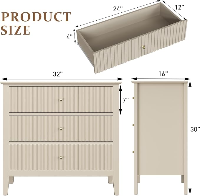 RoyalCraft Beige Fluted 3 Drawer Dresser, 32 inch Wide Dresser Nightstand - Image 2