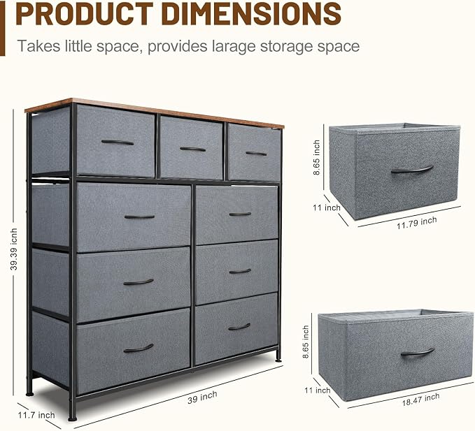 Dresser for Bedroom with 9 Drawers, Chest of Drawers, Storage Drawers Organizer - Image 3