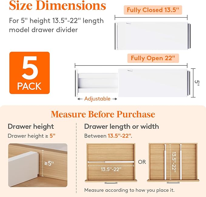 Lifewit 5 Pack 5" High Drawer Divider, 13.5-22" Expandable Deep Drawer Dividers - Image 2