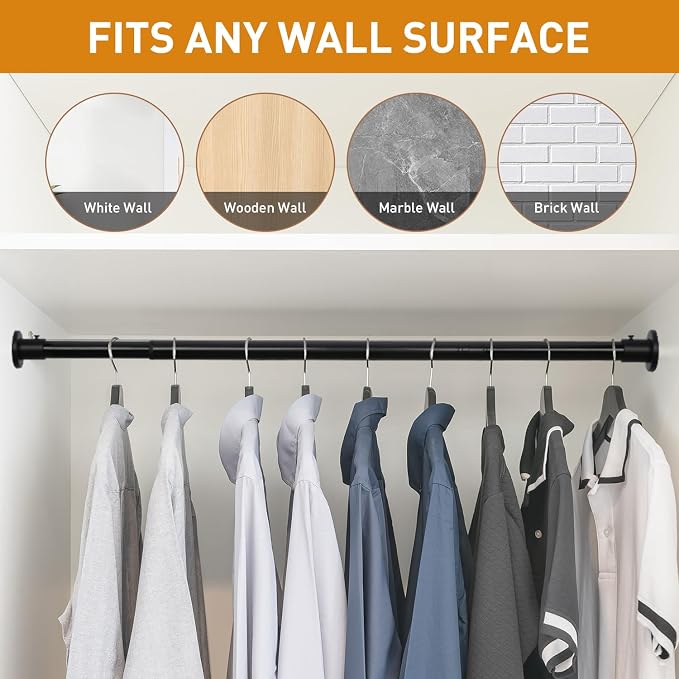Black Adjustable Closet Rod 18-63 Inches, Heavy Duty Metal Clothes Hanging Rod - Image 7