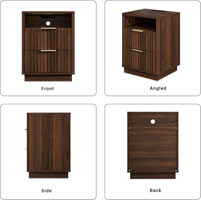 Fluted Night Stand with Charging Station, 2 Drawers End Table with Storage - Image 8