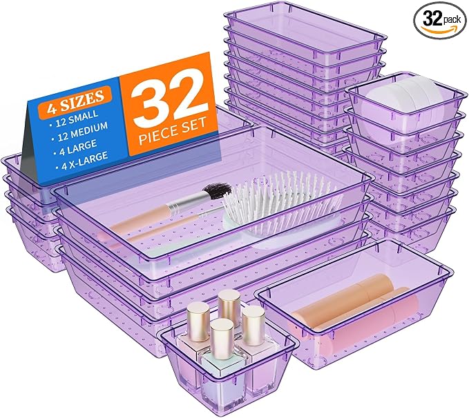 32 PCS Clear Plastic Drawer Organizer Set, 4-Size vanity organizer Trays and by StorMiracle