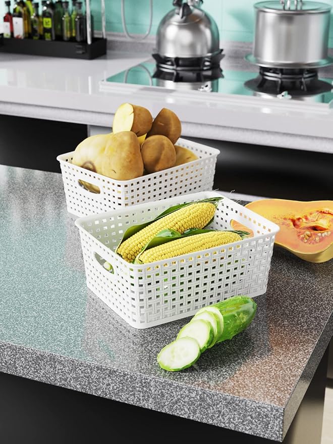 WYT Woven Plastic Storage Baskets, 6 Pack White Weave Bins Organizer, 10.1" x - Image 6