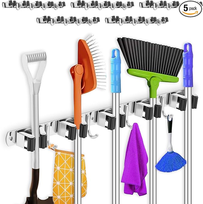 5 Pack Broom Holder Wall Mount 5 Racks 4 Hooks Stainless Steel Broom Mop Holder by TKSDWBLTY