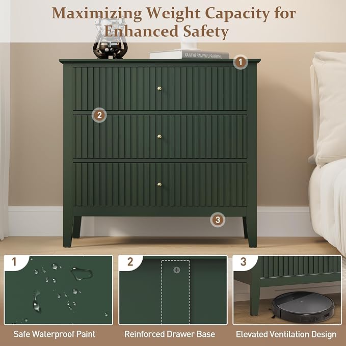 RoyalCraft Green Fluted 3 Drawer Dresser, 32 inch Wide Dresser Nightstand - Image 8
