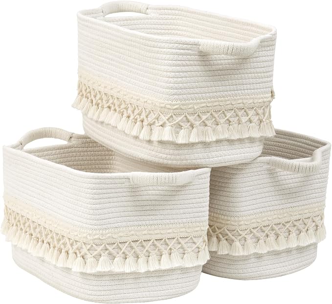 3 Pack Storage Basket for Shelves, Boho Cotton Rope Storage Bins by Degeyoyo