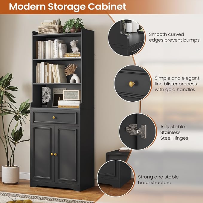 DICTAC Bookcase Set of 2 with Drawer and Doors 73.23''Tall Bookshelf with - Image 8