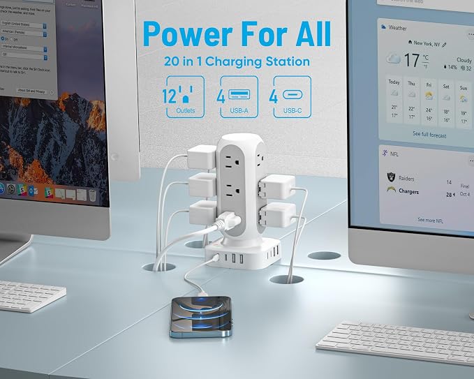 Flat Plug Power Strip Tower, 40W Total Fast Charging Station, Dual PD 20W USB-C - Image 2