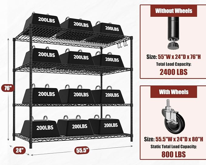 PrimeZone 55.5" W x 24" D x 80" H Heavy Duty Wire Storage Shelves - Image 3