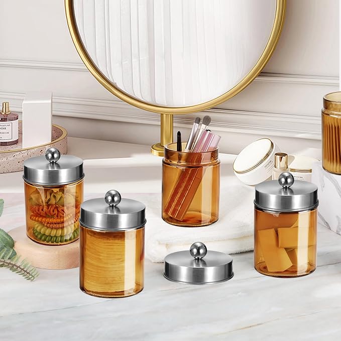 Amolliar Bronze Glass Apothecary Jar, Qtip Holder Metal Lid & Stickers - Image 5