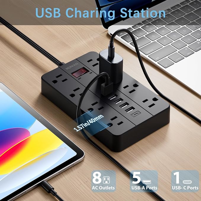 Power Strip with USB Ports, HUNIAN 5 Ft Extension Cord Flat Plug with 8 Outlets - Image 2