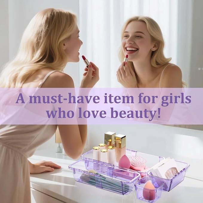 14 Pcs Adjustable Clear Drawer Organizer, Extendable Vanity Storage Bins - Image 6