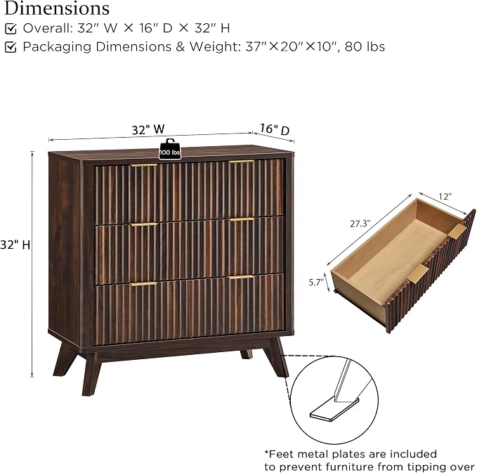 T4TREAM Fluted 3 Drawers Nightstand, Oversized Extra Large Modern Side Table - Image 2