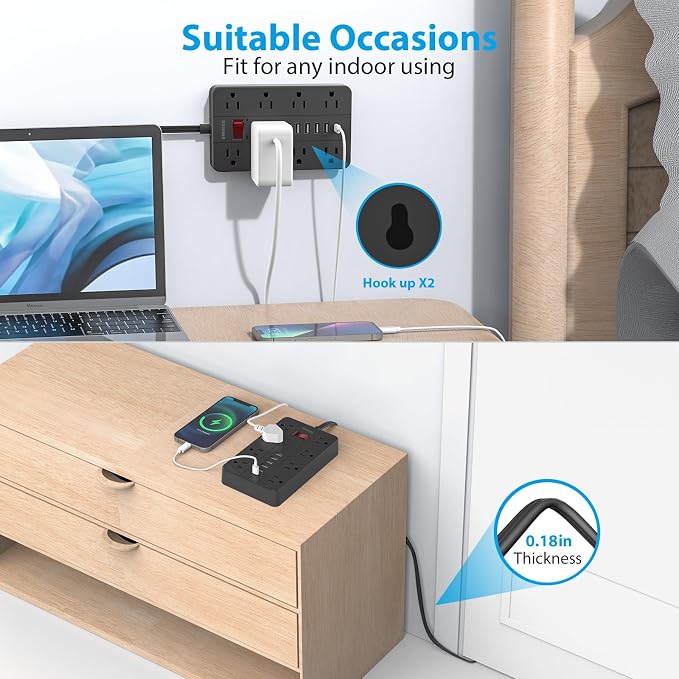 Power Strip with USB, SMNICE Surge Protector Flat Plug with 8 Widely-Spaced - Image 6