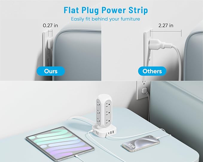 65W Fast Charging Station, Flat Plug Power Strip Tower - Image 4