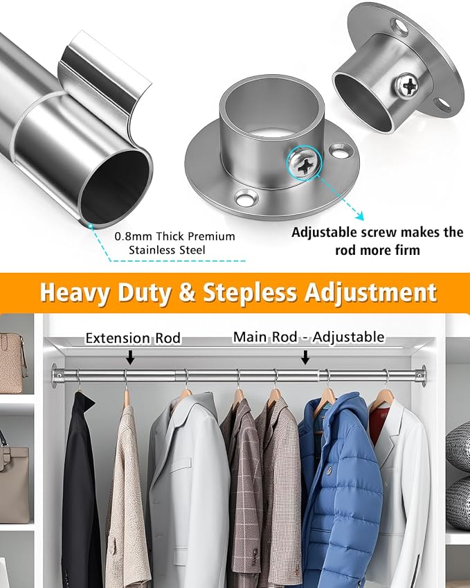 Closet Rods For Hanging Clothes, 17-40 Inch Heavy Duty and Stepless Adjustable - Image 3