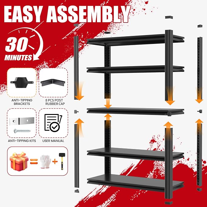 Heavy Duty Garage Shelving, Metal Storage Shelves, Adjustable 5 Tier Metal - Image 7