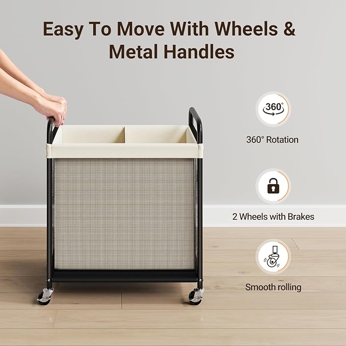 ELYKEN Laundry Hamper 2 Section, 100L Rolling Laundry Sorter - Image 5