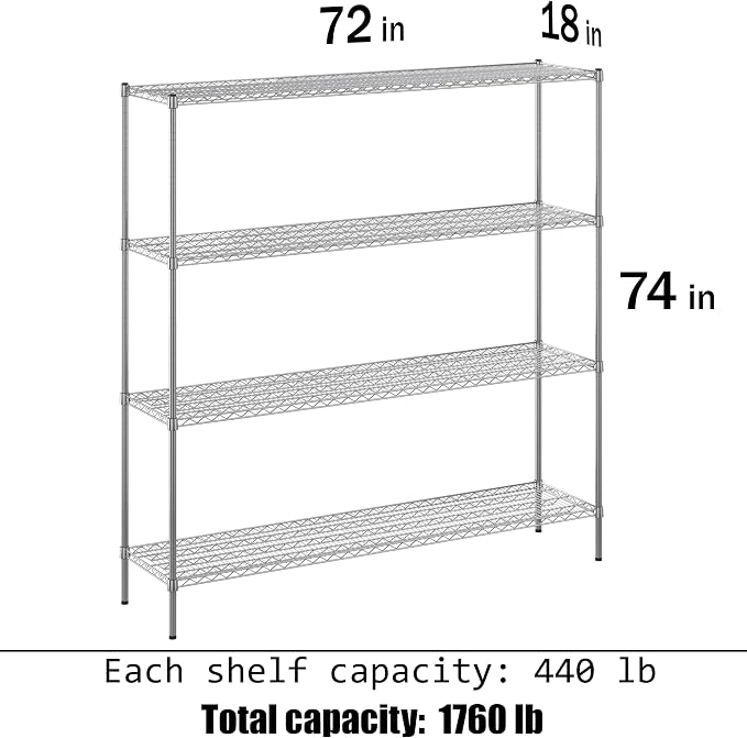 18" Deep x 72" Wide x 74" Height Wire Shelving Kit | 4-Tier | NSF Commercial - Image 3