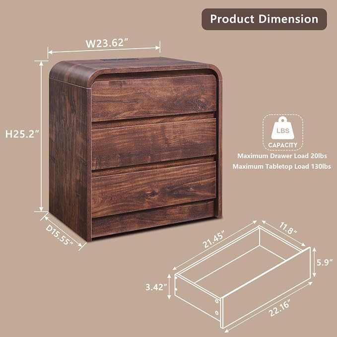 25" Tall Modern Nightstand Set of 2, 23.6" Wide Wood Bedside Table - Image 3