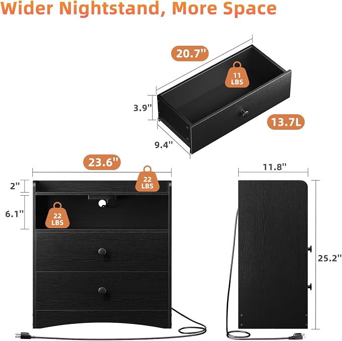 Nightstand with Charging Station and LED Light, Modern Nightstand with USB - Image 2
