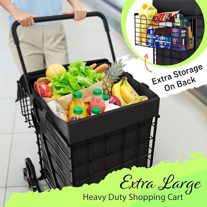 Shopping Cart w/Waterproof Basket Liner & 360° Swivel Wheels | Foldable - Image 4