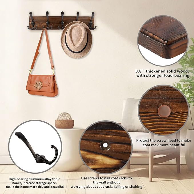 Coat Rack Wall Mount 16.8'' Rustic Hat Rack - Image 4