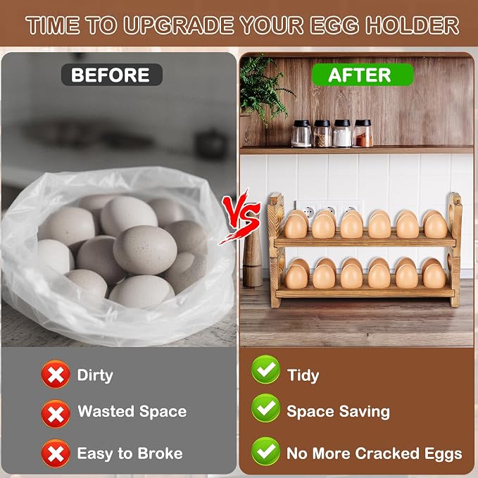 Wooden Egg Holder & Storage-3Tier /36-Hole Stackable Holds Fresh Eggs, - Image 2