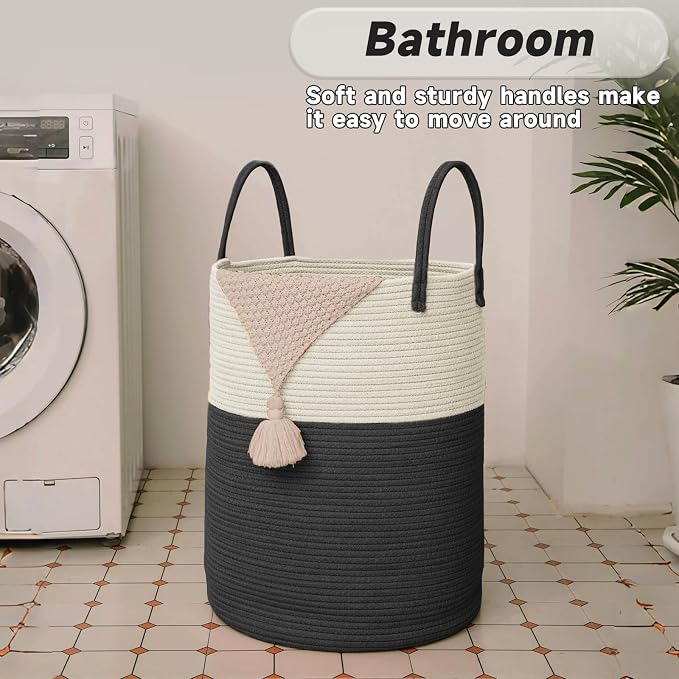 Large Woven Laundry Basket Hamper, 60L Cotton Rope Storage Bin - Image 5