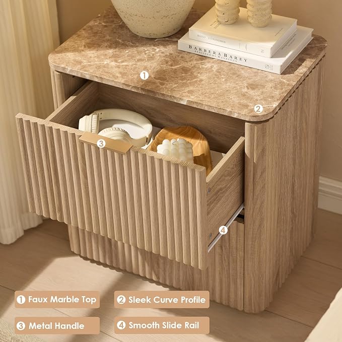 Fluted Nightstand with 2 Drawers, Bedside Table with Faux Marble-Top, - Image 4