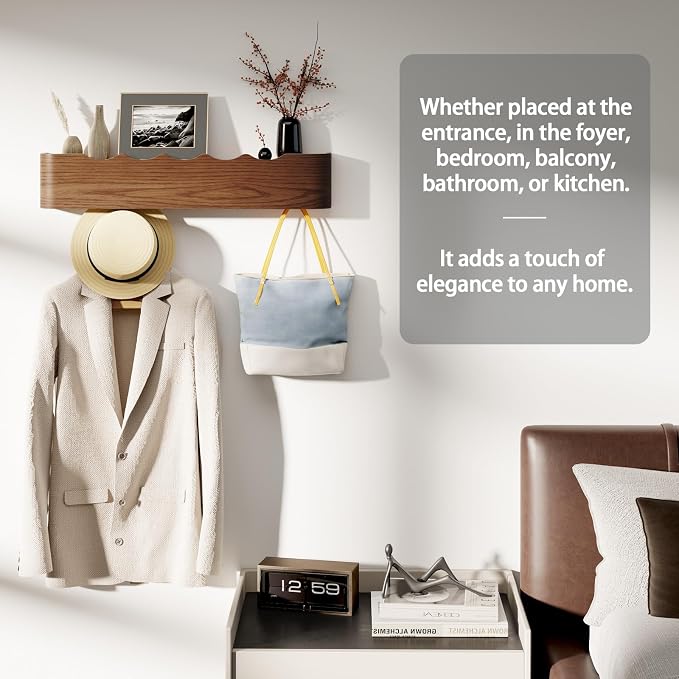 Coat Rack Wall Mount with Shelf 4 Hidden Hooks Modern Wooden Key Holder - Image 5